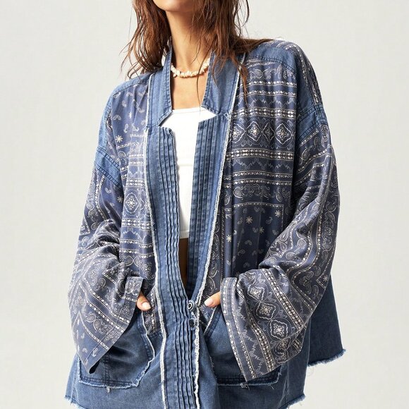 Blue Casual Women's Vacation Loose Drop Shoulder Jacket - Picture 5 of 8